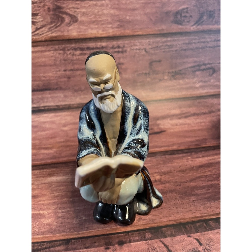 Chinese Mudman Figure ~ Elder Man Reading Book, Vintage 5.5"